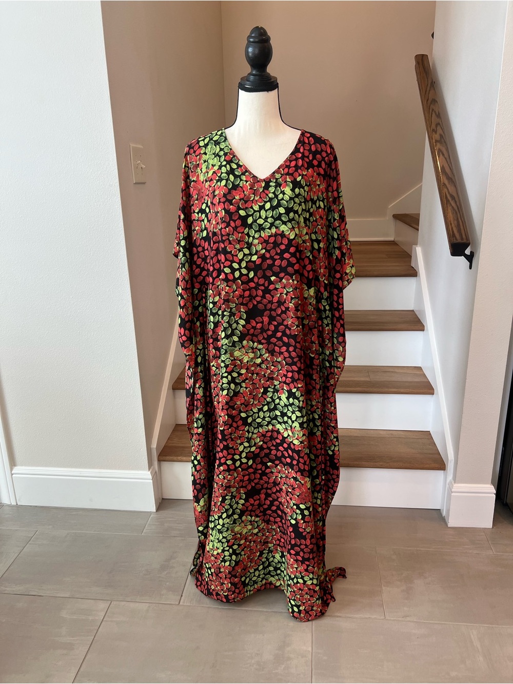 V-Neck Red Maxi Dress with Green Leaf Print